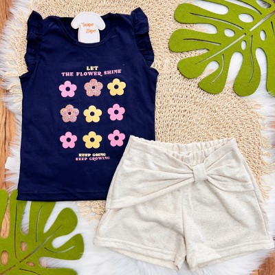 Conj. Blusa Let The Flower Shine e Short em Linho - Marinho e Areia